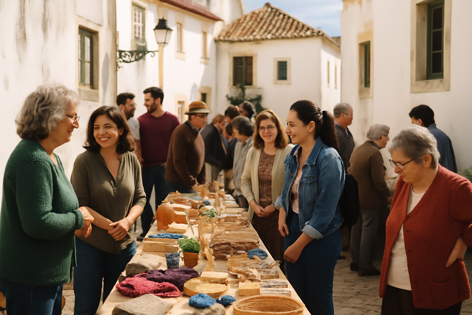 People taking part in a welcoming local community event with workshop tables and handmade goods.