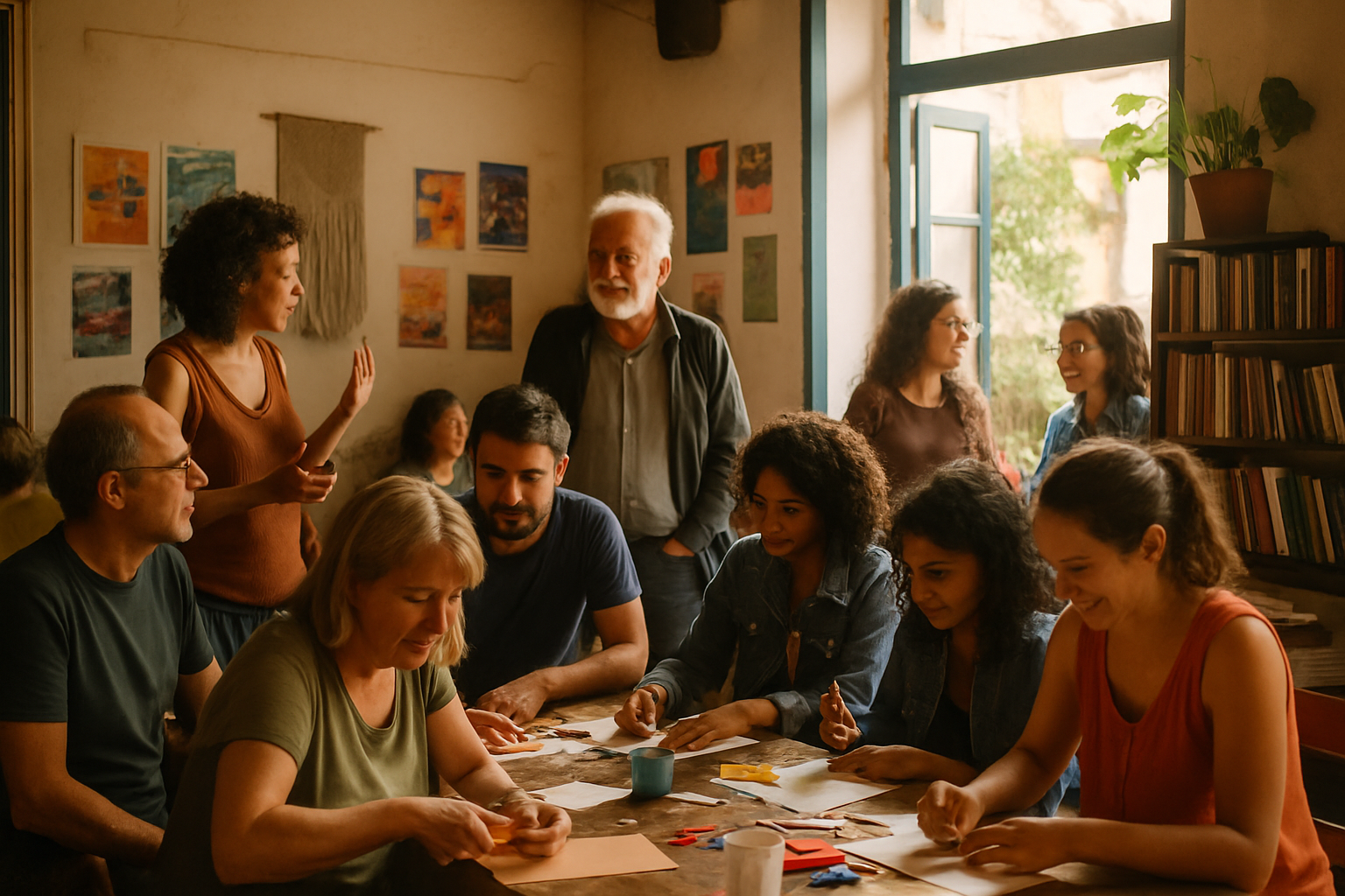 Pessoas a conversar e a participar num encontro comunitário num espaço local.